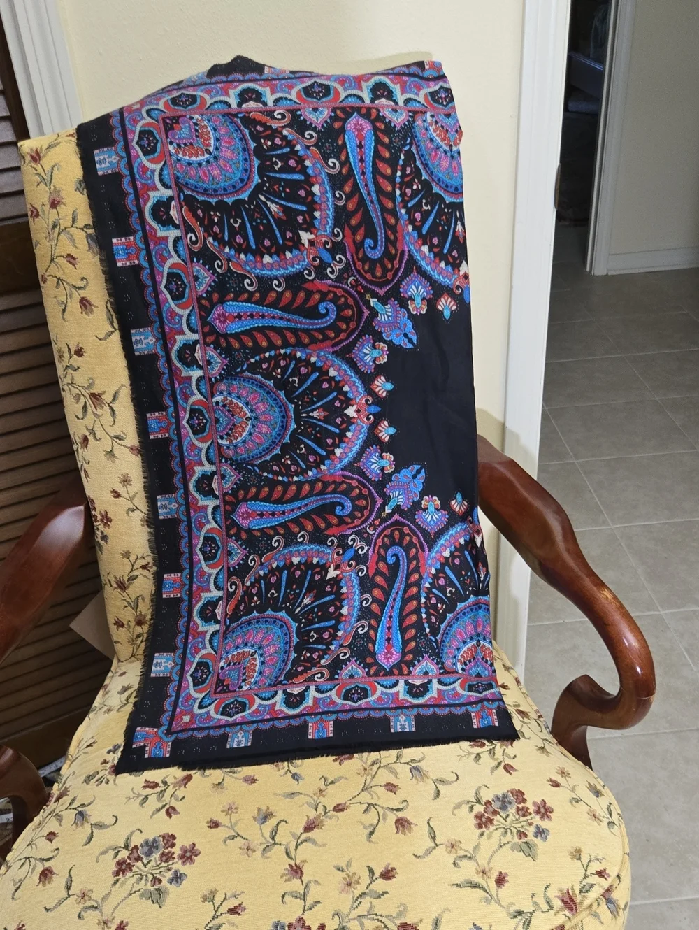 Black Paisley Print Scarf with Blue and Pink Accents Like New